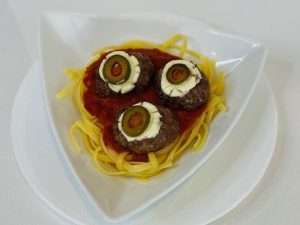Spook-etti with Eyeballs (spaghetti and meatballs) 